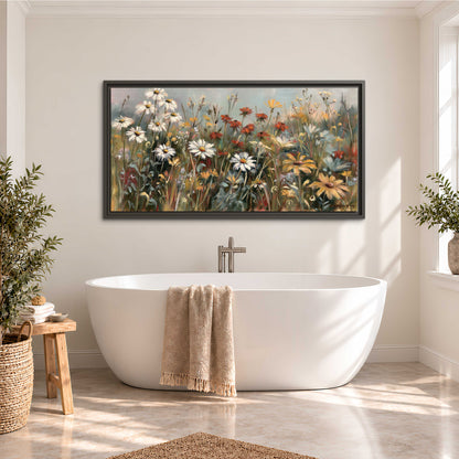 White daisies, rust blooms and long grasses in a softly shadowed meadow single framed canvas wall art styled in an interior