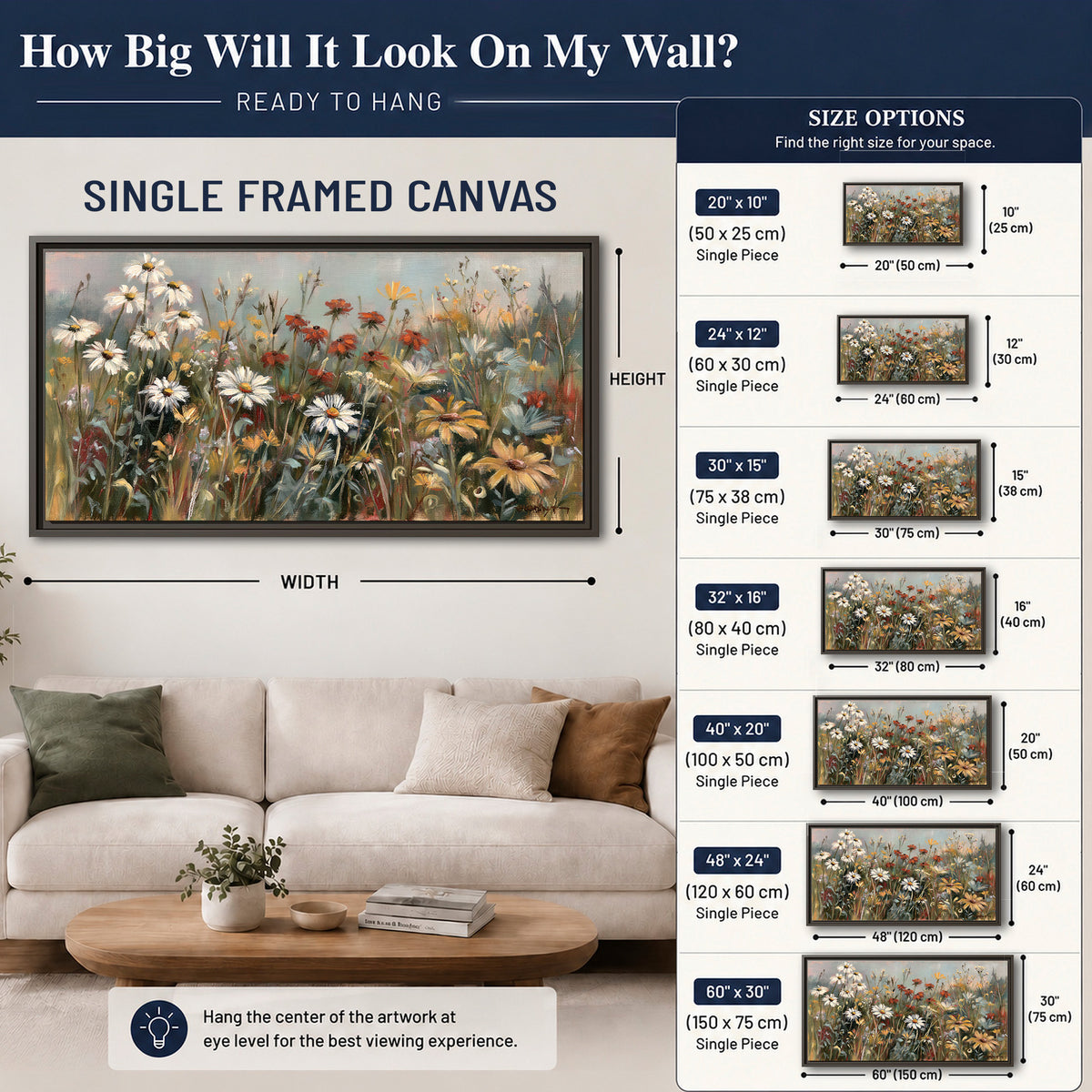 White daisies, rust blooms and long grasses in a softly shadowed meadow single framed canvas wall art size guide above a sofa; room view is illustrative