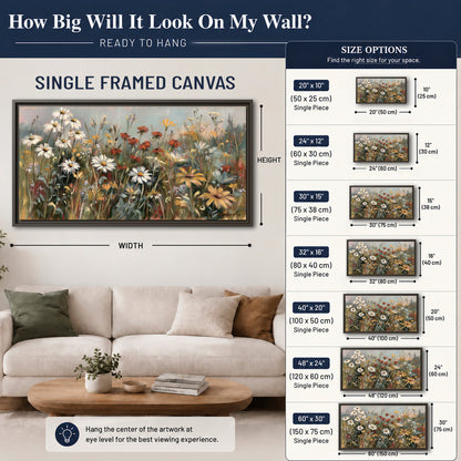 White daisies, rust blooms and long grasses in a softly shadowed meadow single framed canvas wall art size guide above a sofa; room view is illustrative
