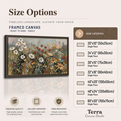 White daisies, rust blooms and long grasses in a softly shadowed meadow single framed canvas wall art available dimensions