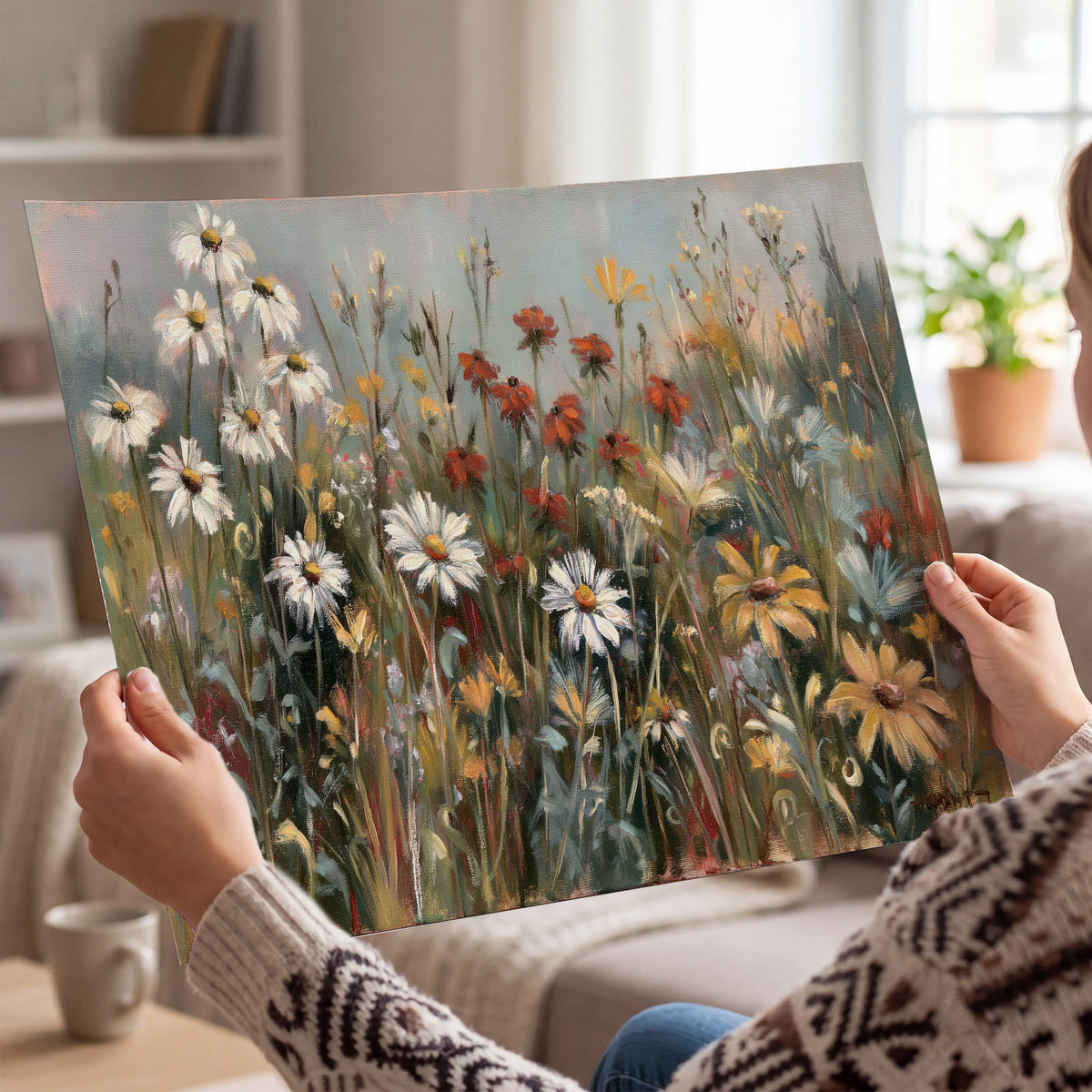 White daisies, rust blooms and long grasses in a softly shadowed meadow single poster print held in hands