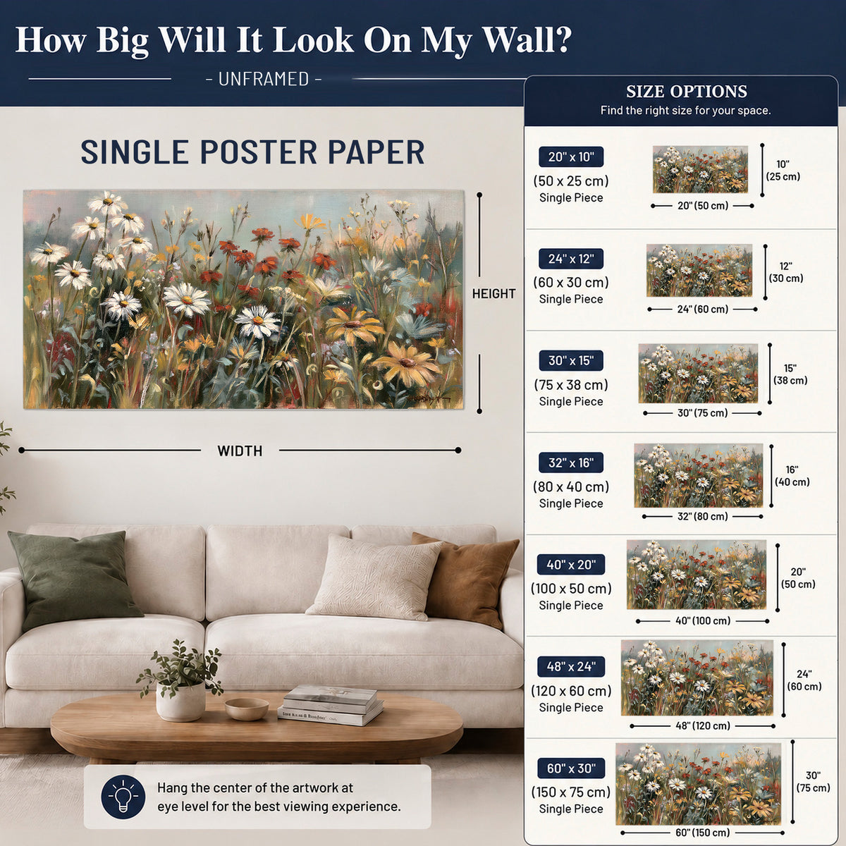White daisies, rust blooms and long grasses in a softly shadowed meadow single poster print size guide above a sofa; room view is illustrative