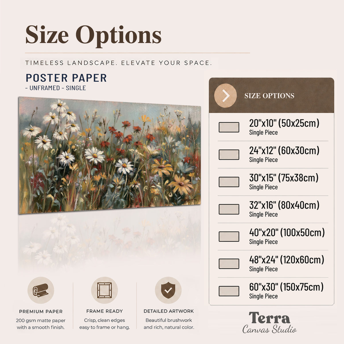 White daisies, rust blooms and long grasses in a softly shadowed meadow single poster print available dimensions