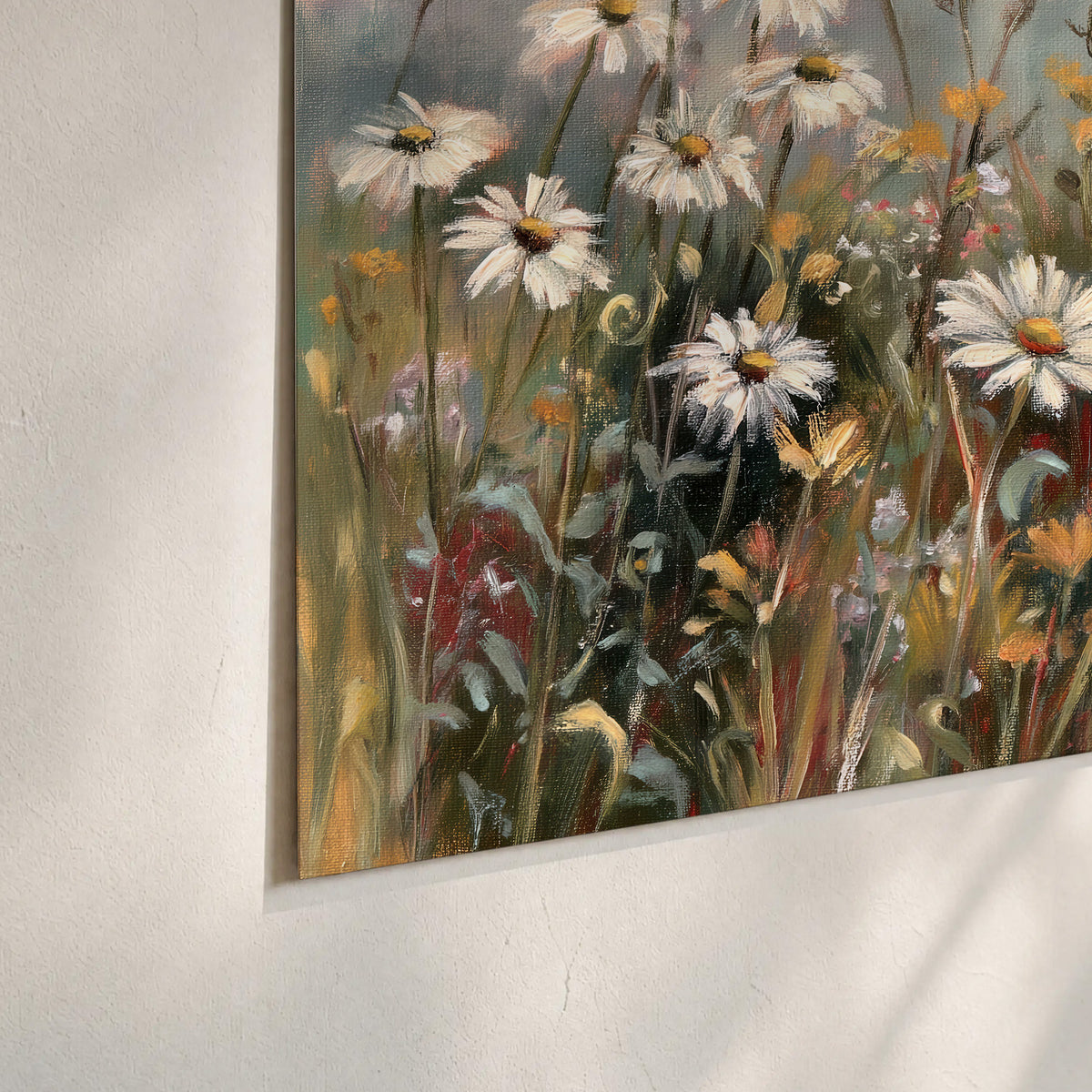 White daisies, rust blooms and long grasses in a softly shadowed meadow set of 3 poster prints material and edge close up