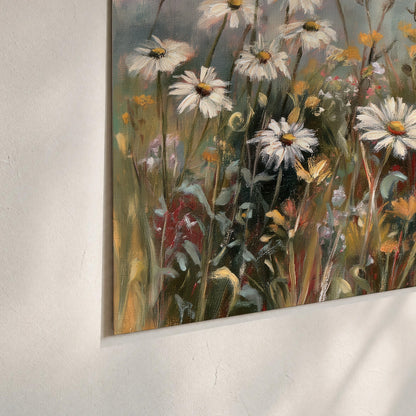White daisies, rust blooms and long grasses in a softly shadowed meadow set of 3 poster prints material and edge close up