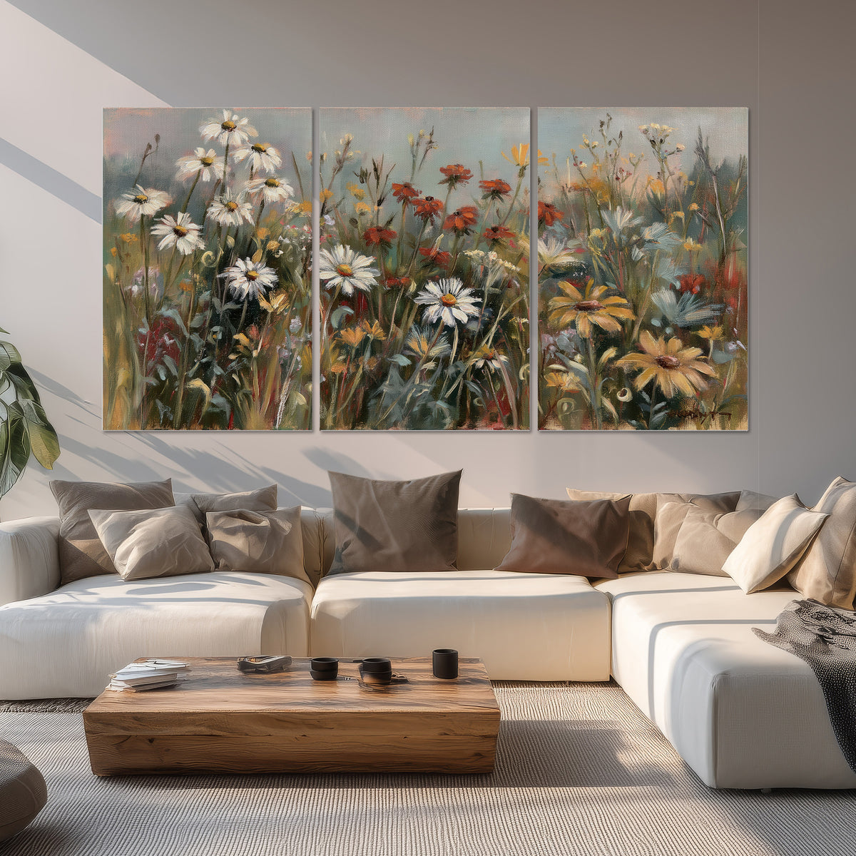 White daisies, rust blooms and long grasses in a softly shadowed meadow set of 3 poster prints displayed in a living room