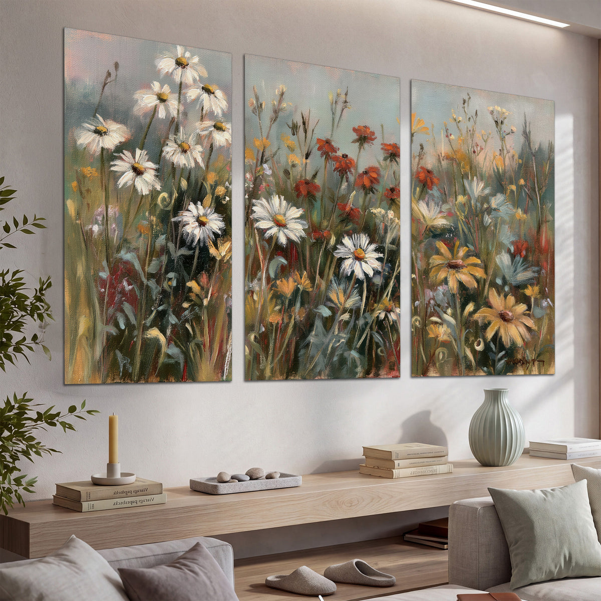 White daisies, rust blooms and long grasses in a softly shadowed meadow set of 3 poster prints displayed in a console
