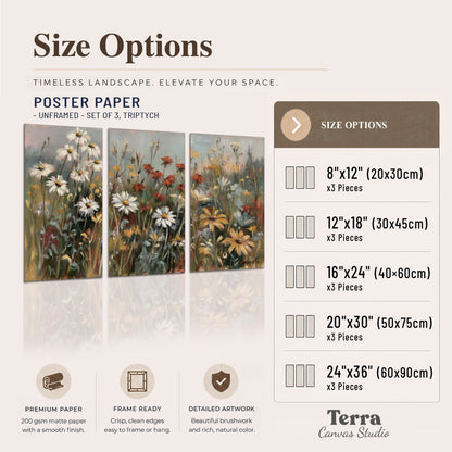 White daisies, rust blooms and long grasses in a softly shadowed meadow set of 3 poster prints available dimensions; triptych dimensions are per panel