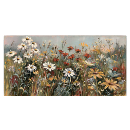 White daisies, rust blooms and long grasses in a softly shadowed meadow single canvas wall art viewed straight on