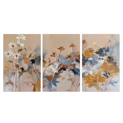 Loose blue and ochre blossoms layered across a warm neutral background 3 piece canvas wall art viewed straight on