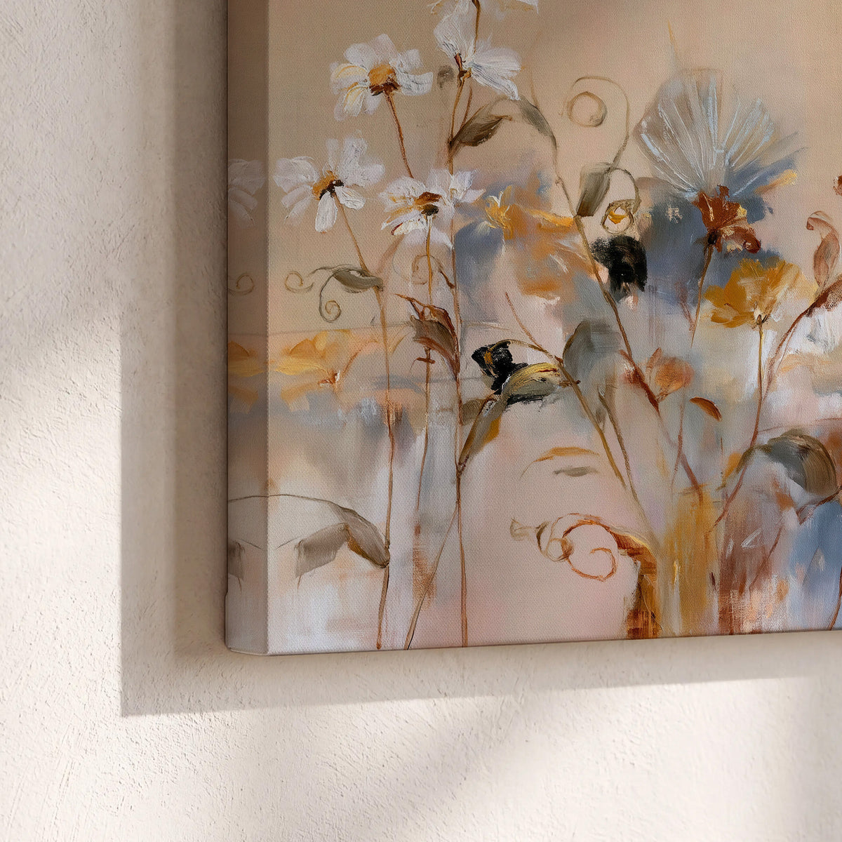Loose blue and ochre blossoms layered across a warm neutral background 3 piece canvas wall art material and edge close up