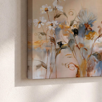 Loose blue and ochre blossoms layered across a warm neutral background 3 piece canvas wall art material and edge close up