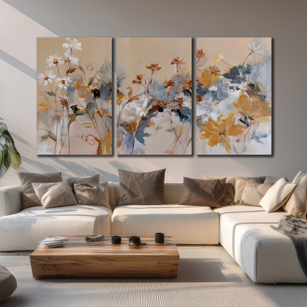 Loose blue and ochre blossoms layered across a warm neutral background 3 piece canvas wall art displayed in a living room
