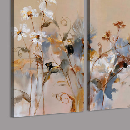 Loose blue and ochre blossoms layered across a warm neutral background 3 piece canvas wall art room and product view