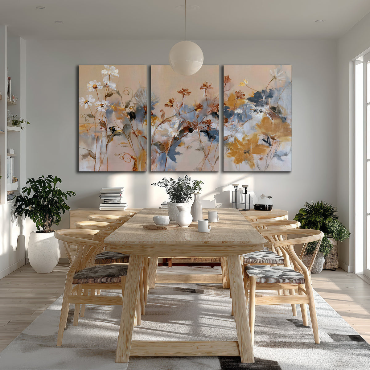 Loose blue and ochre blossoms layered across a warm neutral background 3 piece canvas wall art room and product view