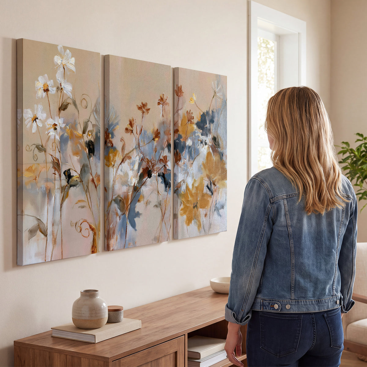 Loose blue and ochre blossoms layered across a warm neutral background 3 piece canvas wall art three panel arrangement on a wall