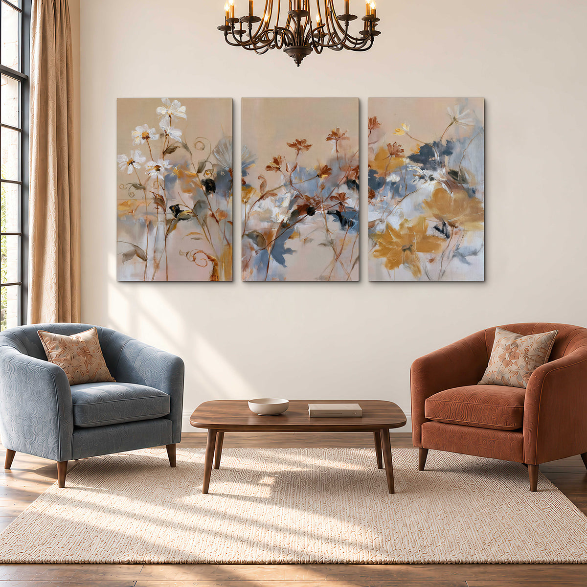 Loose blue and ochre blossoms layered across a warm neutral background 3 piece canvas wall art styled in an interior
