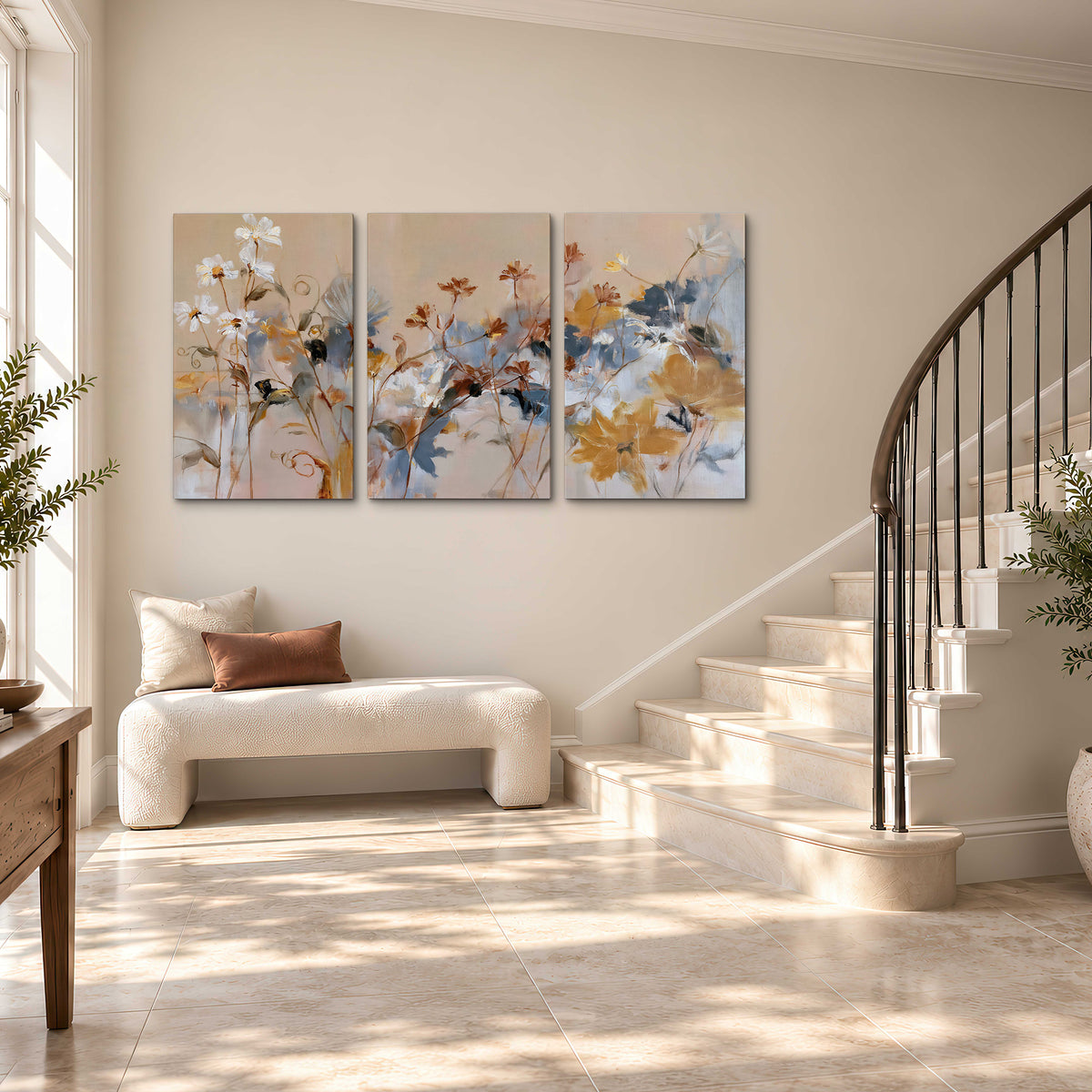 Loose blue and ochre blossoms layered across a warm neutral background 3 piece canvas wall art styled in an interior