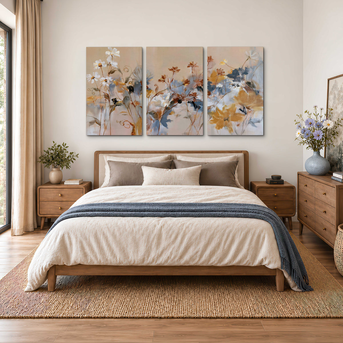 Loose blue and ochre blossoms layered across a warm neutral background 3 piece canvas wall art styled in an interior