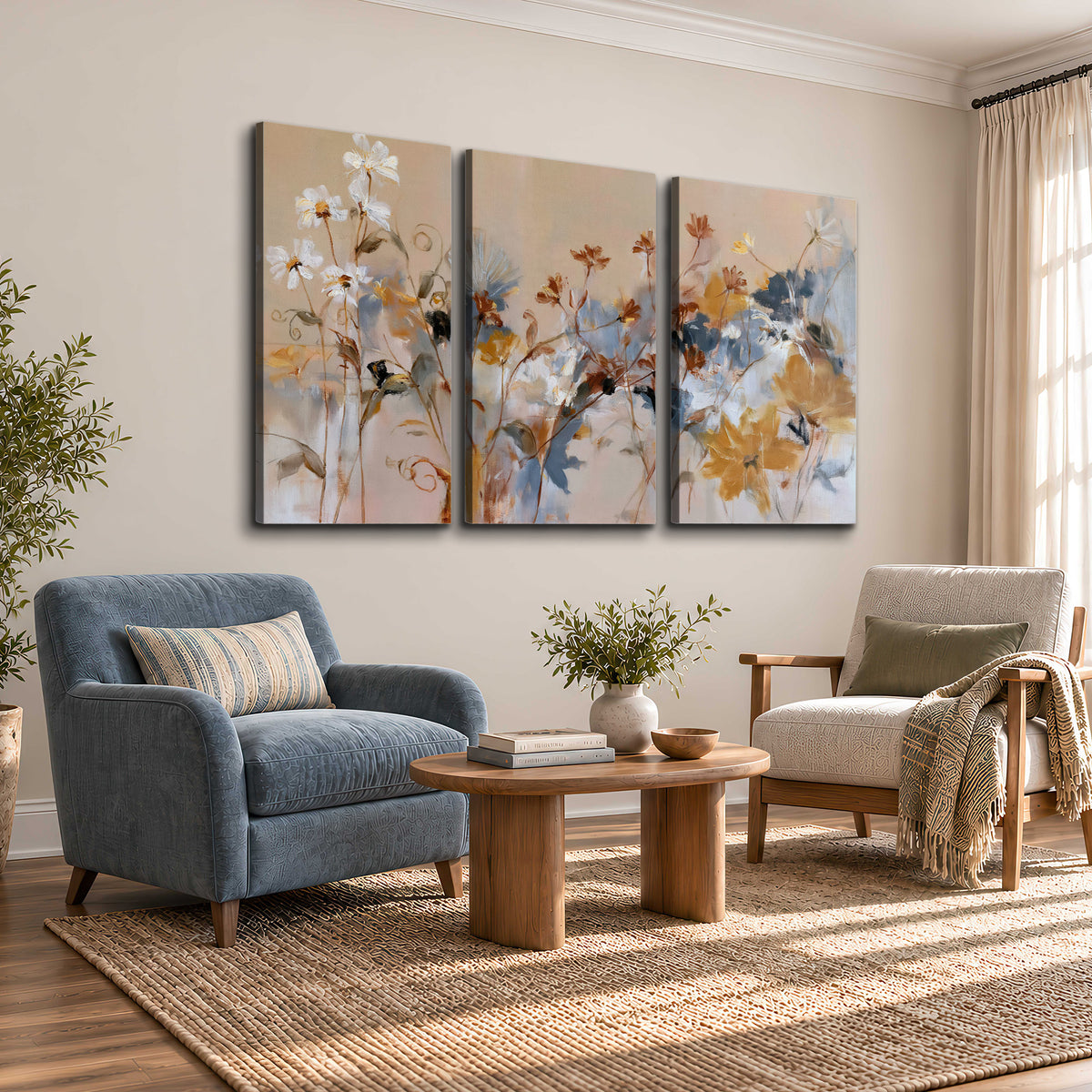 Loose blue and ochre blossoms layered across a warm neutral background 3 piece canvas wall art styled in an interior
