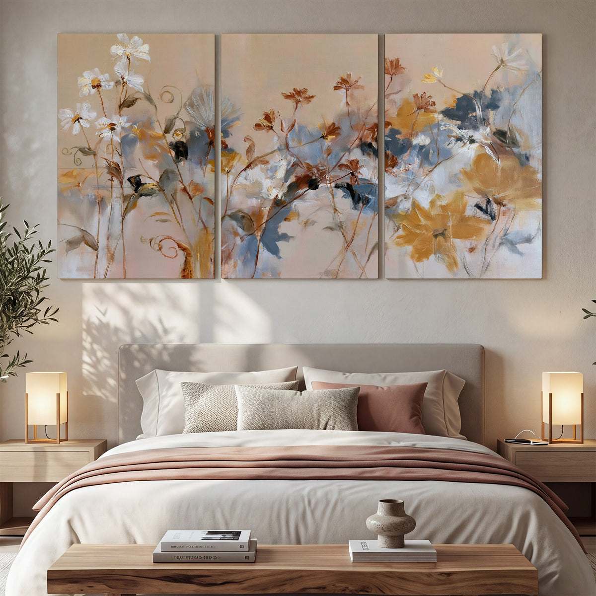 Loose blue and ochre blossoms layered across a warm neutral background 3 piece canvas wall art displayed in a bedroom