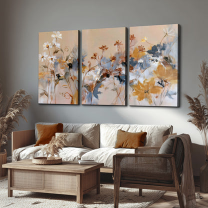 Loose blue and ochre blossoms layered across a warm neutral background 3 piece canvas wall art displayed in a rustic living room