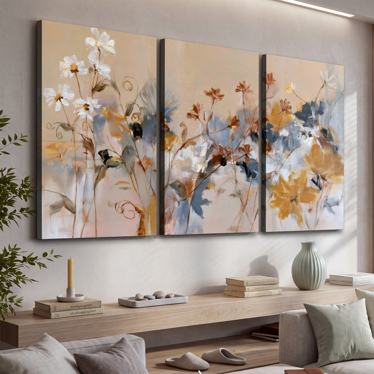 Loose blue and ochre blossoms layered across a warm neutral background 3 piece canvas wall art displayed in a console
