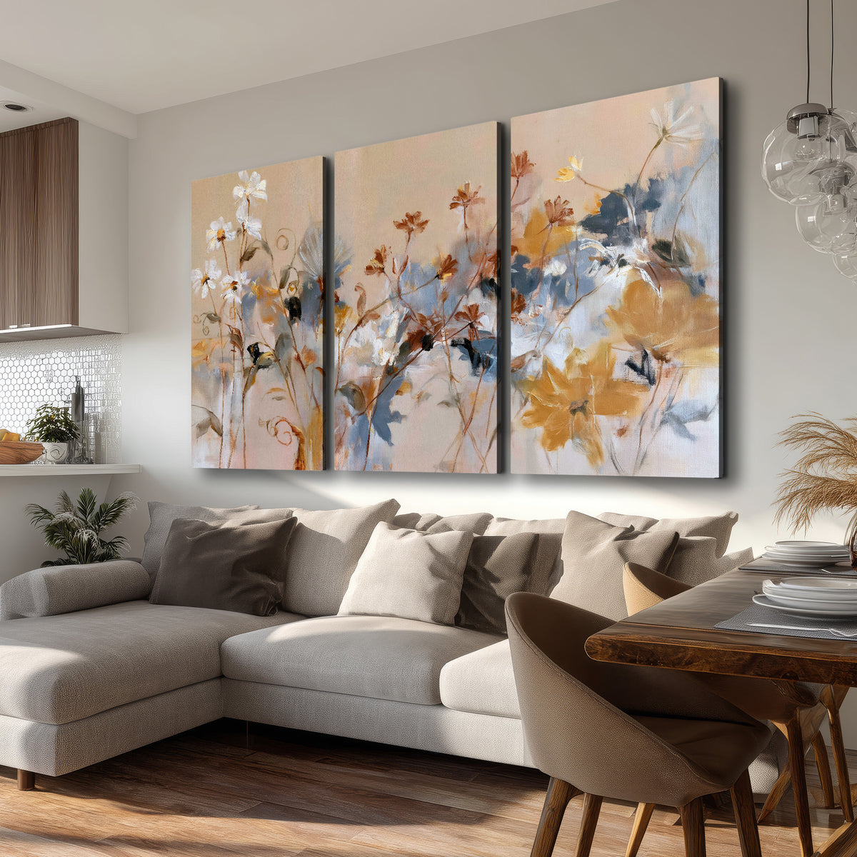 Loose blue and ochre blossoms layered across a warm neutral background 3 piece canvas wall art room and product view