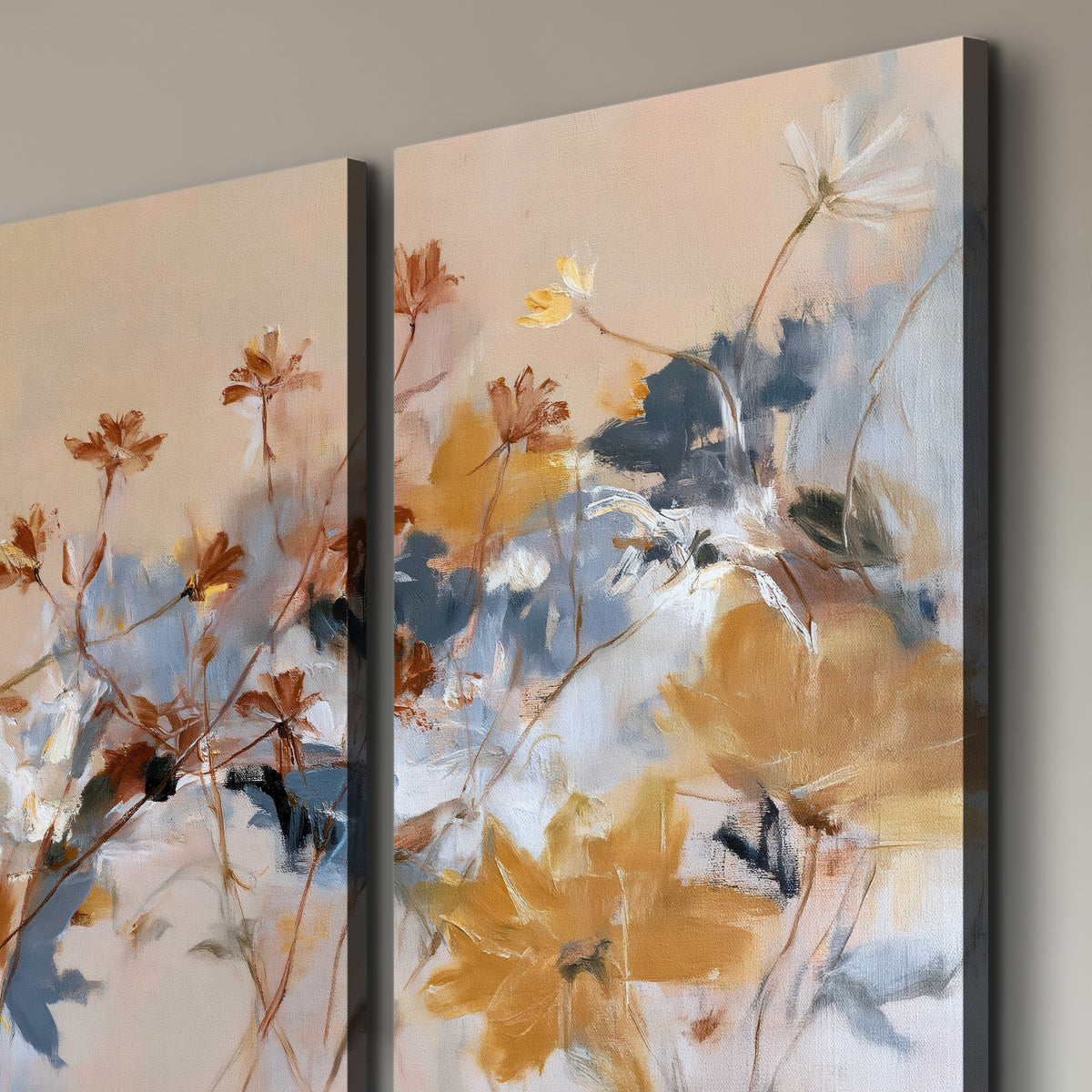 Loose blue and ochre blossoms layered across a warm neutral background 3 piece canvas wall art room and product view
