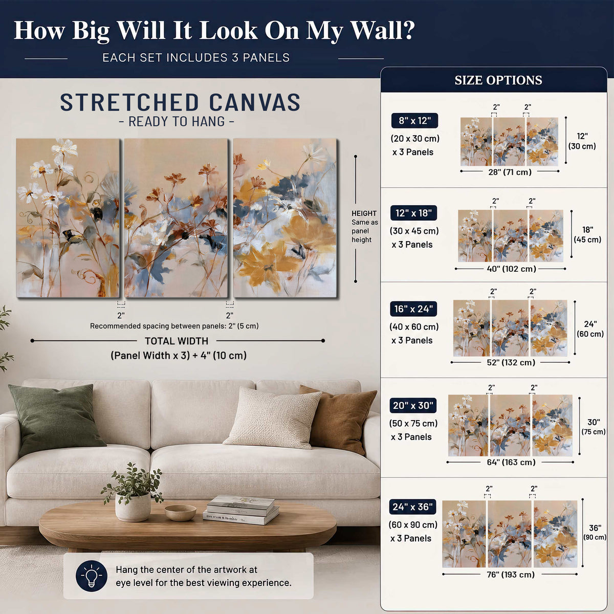 Loose blue and ochre blossoms layered across a warm neutral background 3 piece canvas wall art size guide above a sofa; room view is illustrative