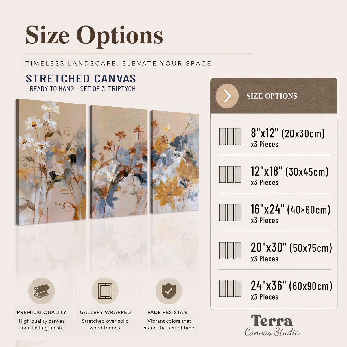 Loose blue and ochre blossoms layered across a warm neutral background 3 piece canvas wall art available dimensions; triptych dimensions are per panel