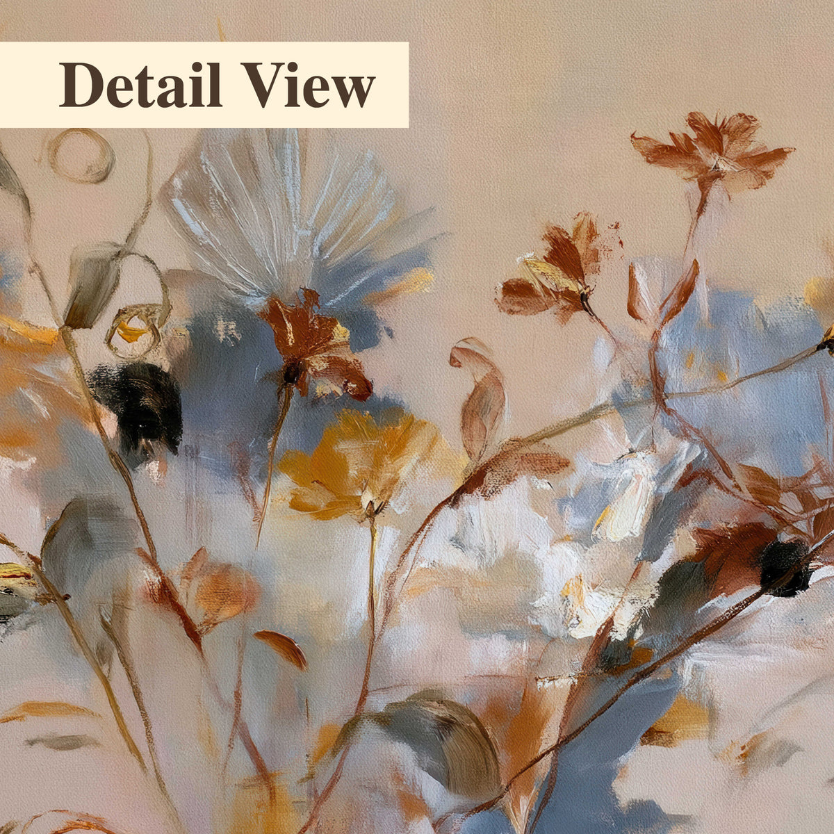 Loose blue and ochre blossoms layered across a warm neutral background 3 piece canvas wall art artwork detail close up