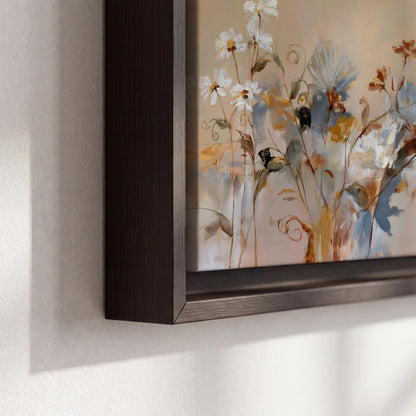 Loose blue and ochre blossoms layered across a warm neutral background 3 piece framed canvas wall art material and edge close up