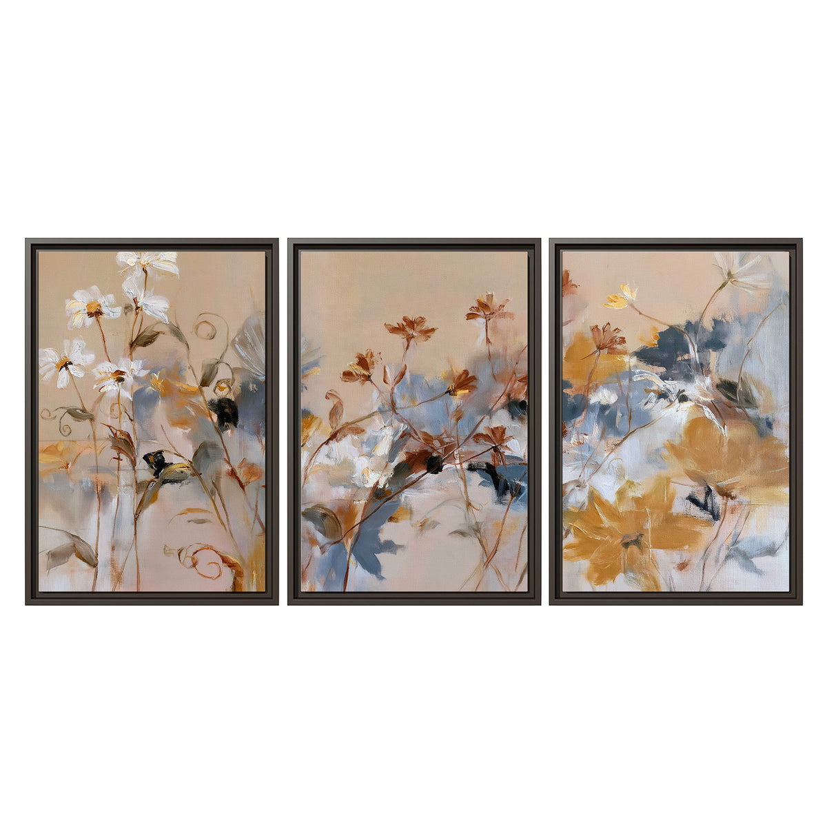 Loose blue and ochre blossoms layered across a warm neutral background 3 piece framed canvas wall art viewed straight on