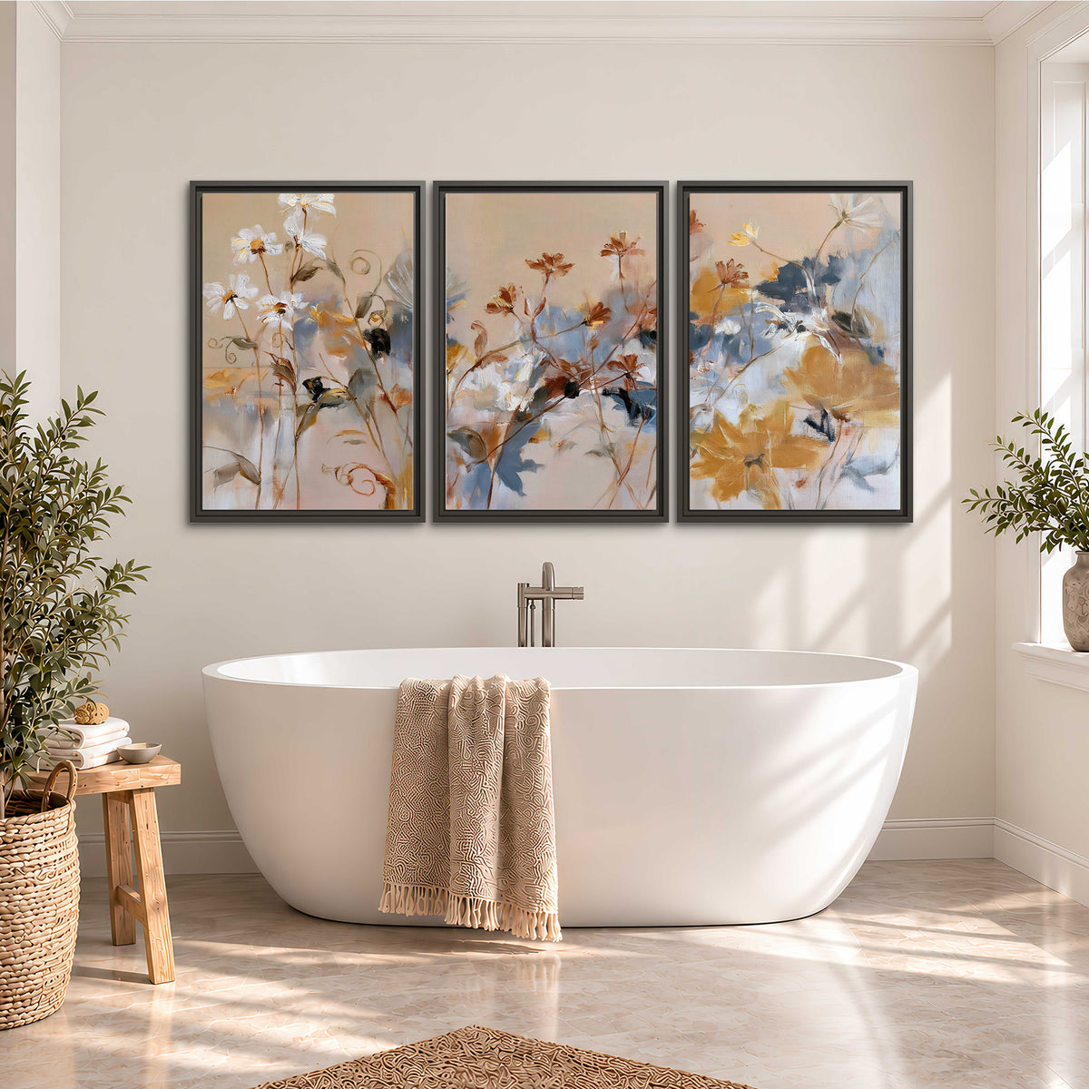 Loose blue and ochre blossoms layered across a warm neutral background 3 piece framed canvas wall art styled in an interior