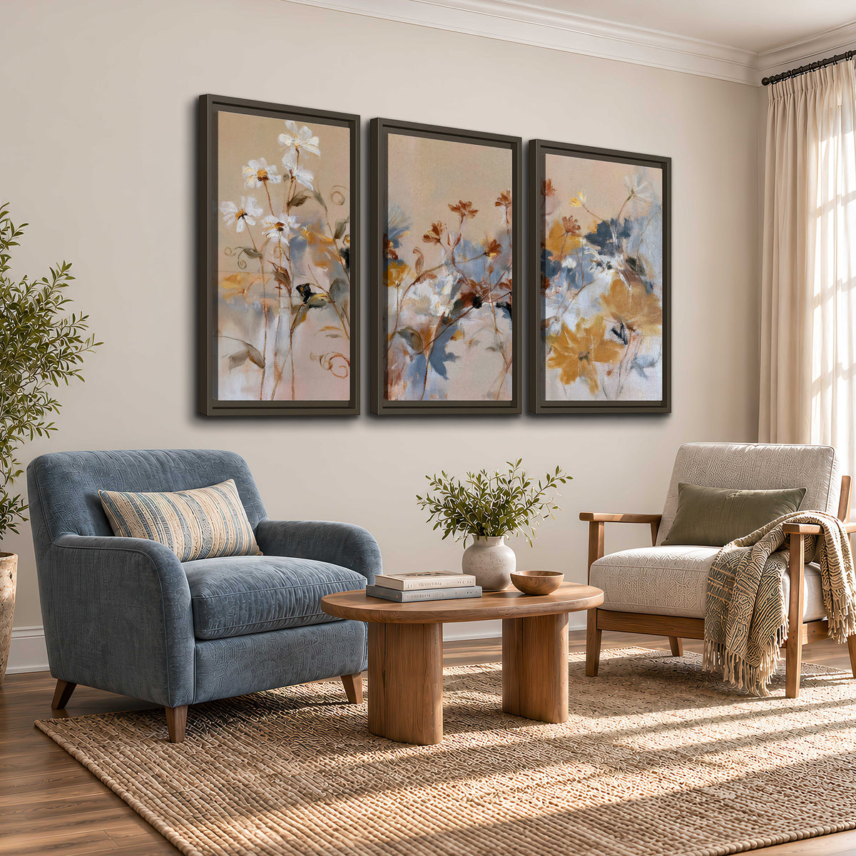 Loose blue and ochre blossoms layered across a warm neutral background 3 piece framed canvas wall art styled in an interior