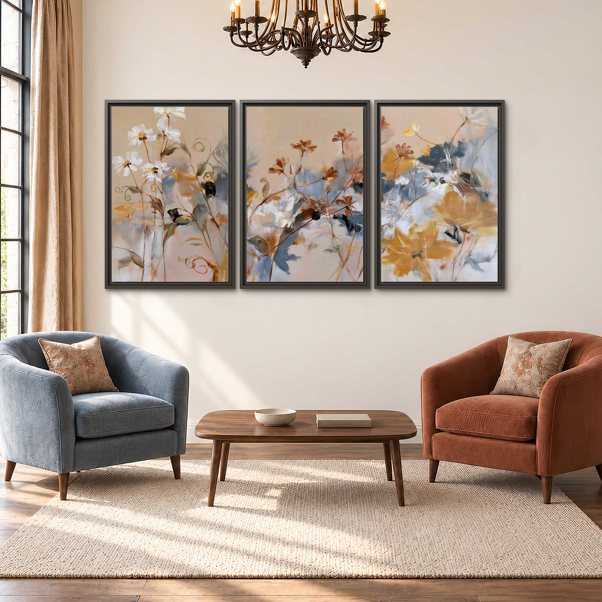 Loose blue and ochre blossoms layered across a warm neutral background 3 piece framed canvas wall art styled in an interior