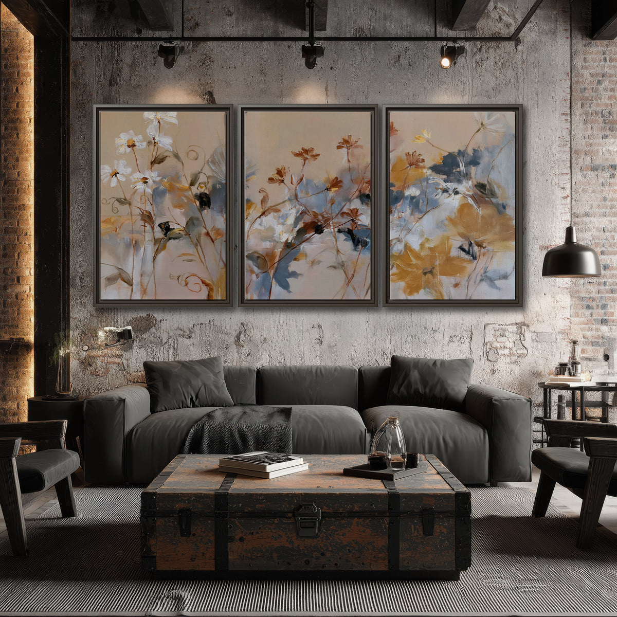 Loose blue and ochre blossoms layered across a warm neutral background 3 piece framed canvas wall art displayed in a industrial room