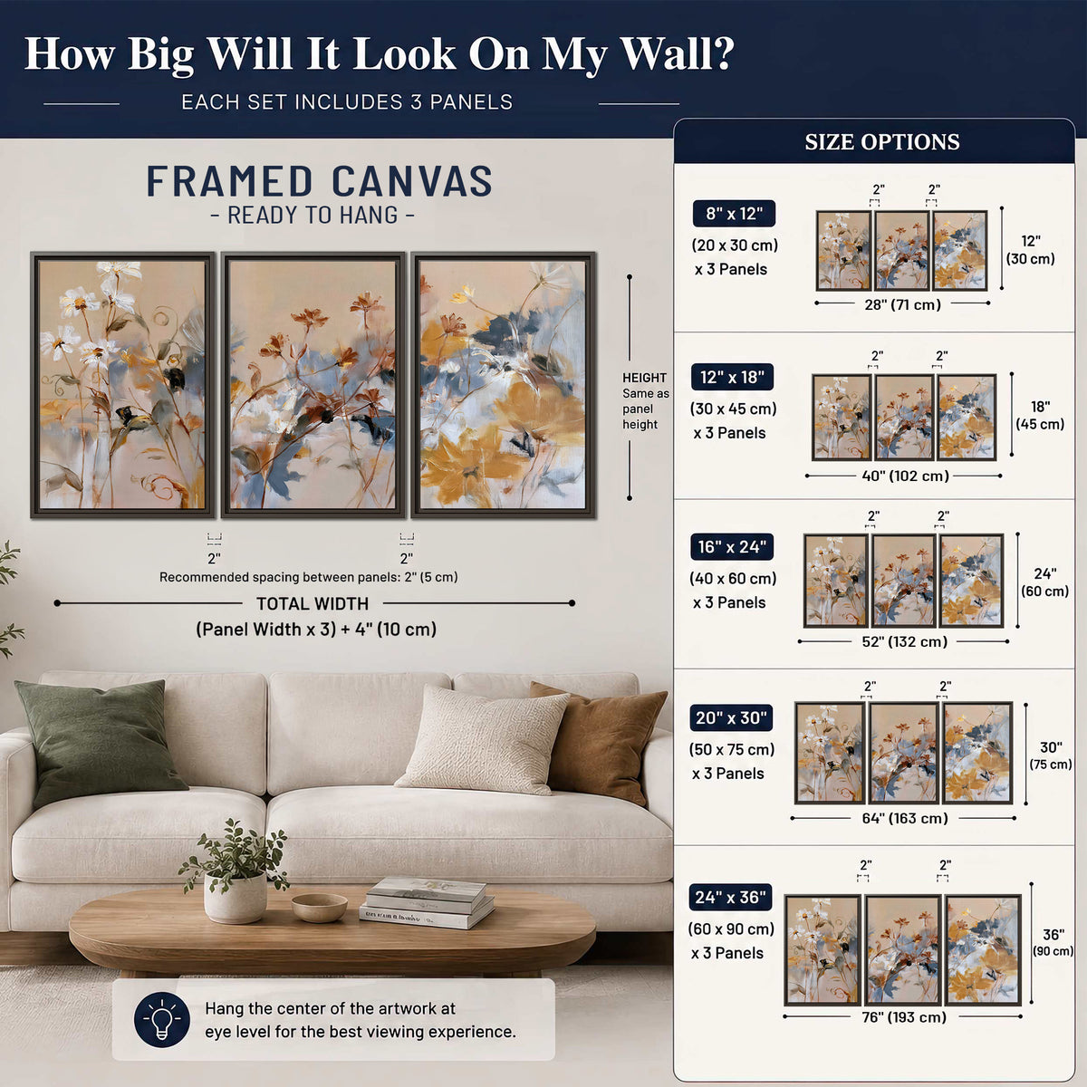 Loose blue and ochre blossoms layered across a warm neutral background 3 piece framed canvas wall art size guide above a sofa; room view is illustrative