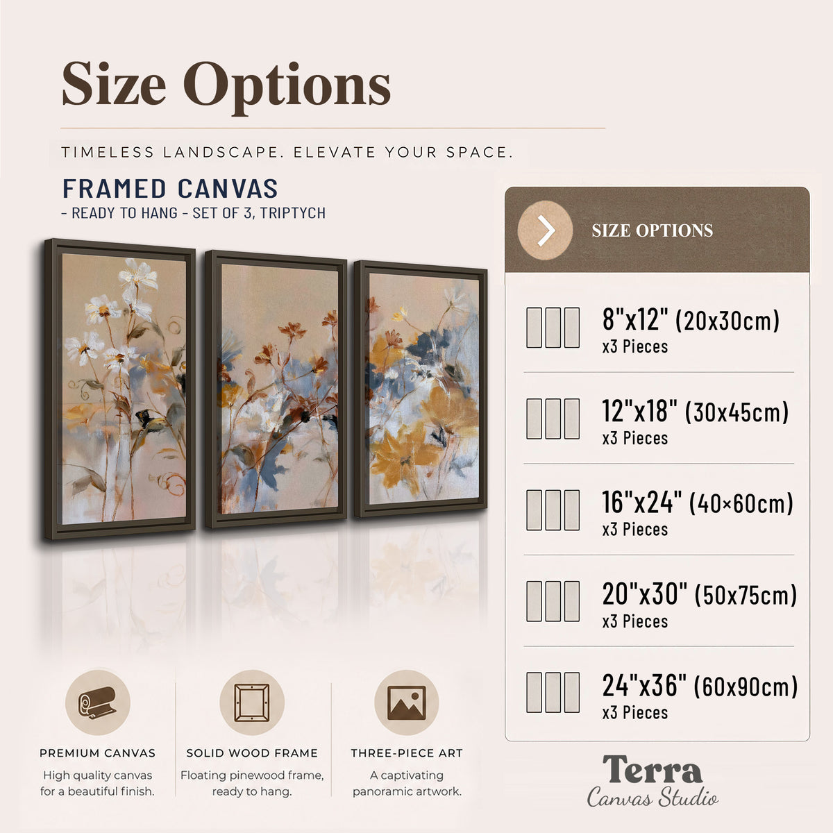 Loose blue and ochre blossoms layered across a warm neutral background 3 piece framed canvas wall art available dimensions; triptych dimensions are per panel