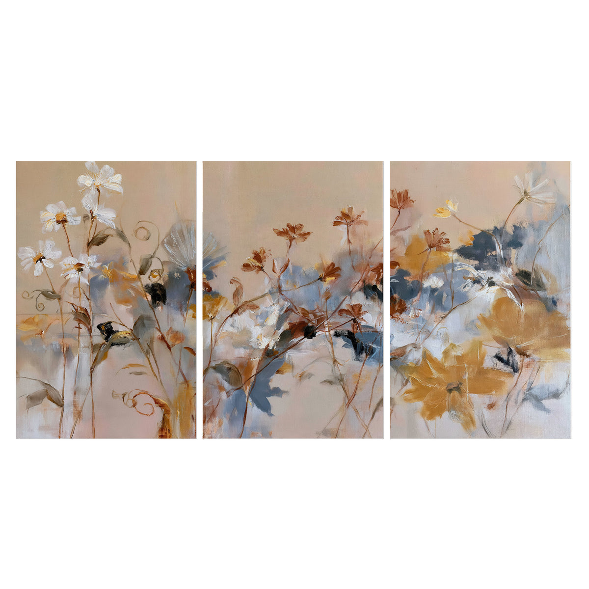 Loose blue and ochre blossoms layered across a warm neutral background set of 3 poster prints viewed straight on