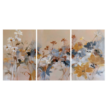 Loose blue and ochre blossoms layered across a warm neutral background set of 3 poster prints viewed straight on