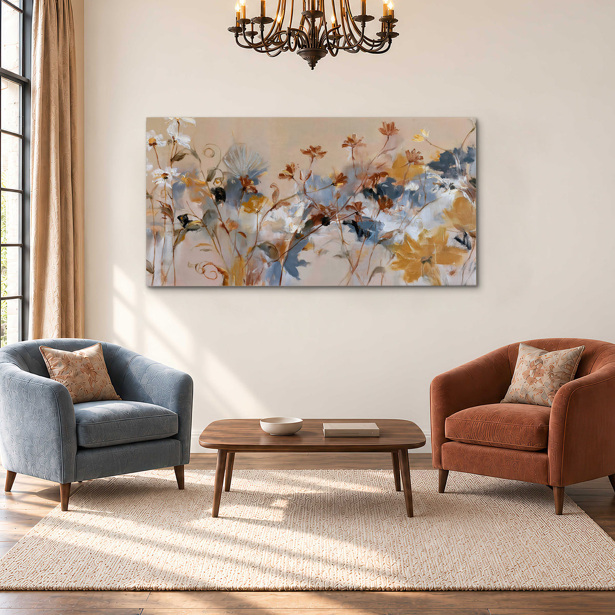 Loose blue and ochre blossoms layered across a warm neutral background single canvas wall art styled in an interior