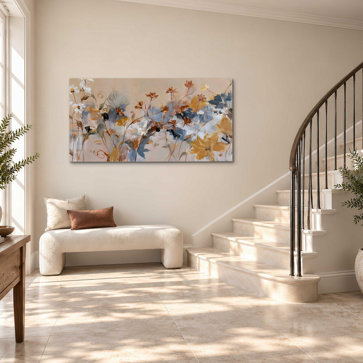 Loose blue and ochre blossoms layered across a warm neutral background single canvas wall art styled in an interior
