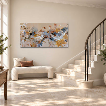 Loose blue and ochre blossoms layered across a warm neutral background single canvas wall art styled in an interior