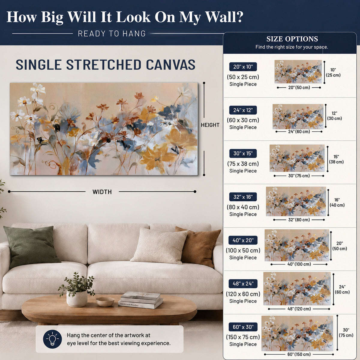 Loose blue and ochre blossoms layered across a warm neutral background single canvas wall art size guide above a sofa; room view is illustrative