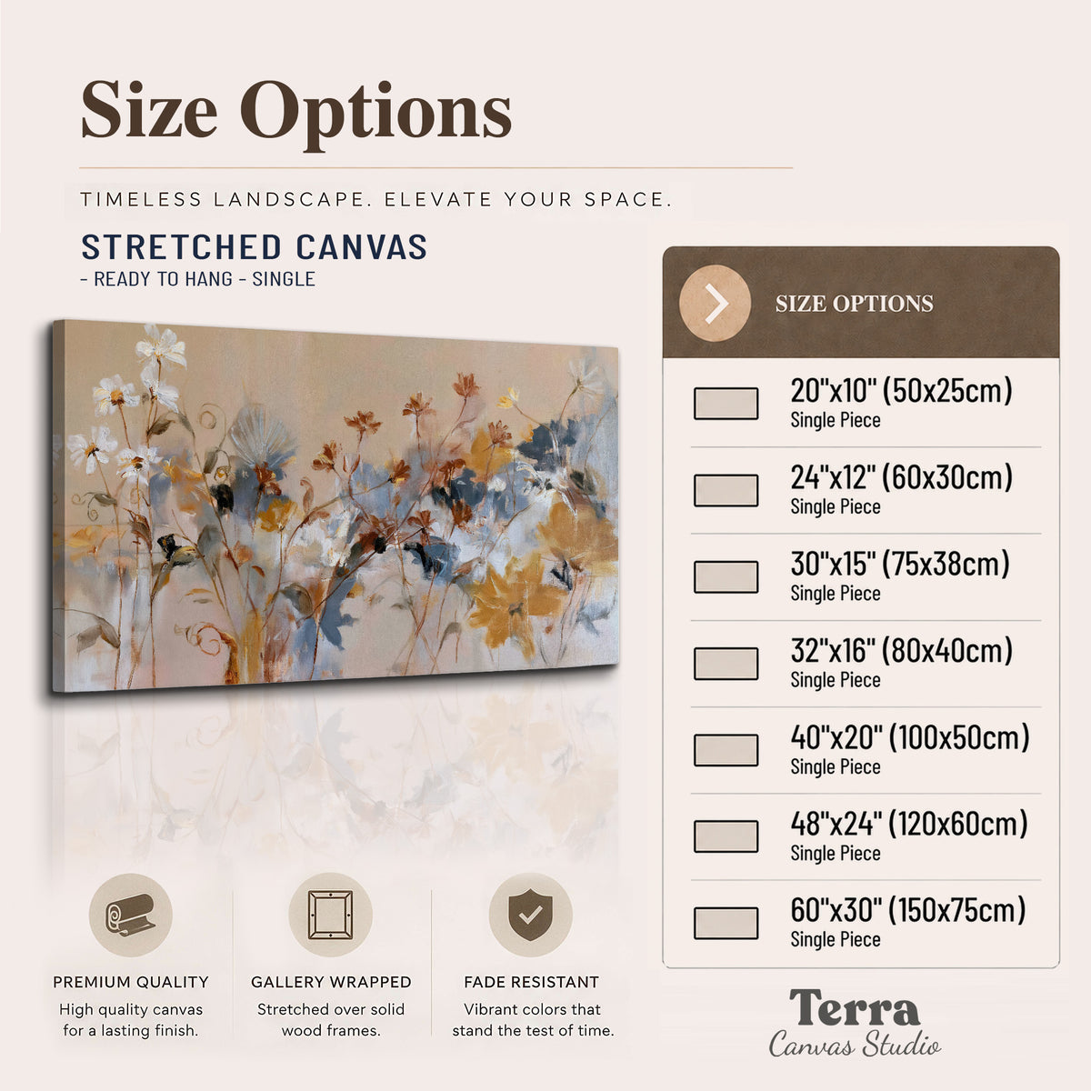 Loose blue and ochre blossoms layered across a warm neutral background single canvas wall art available dimensions