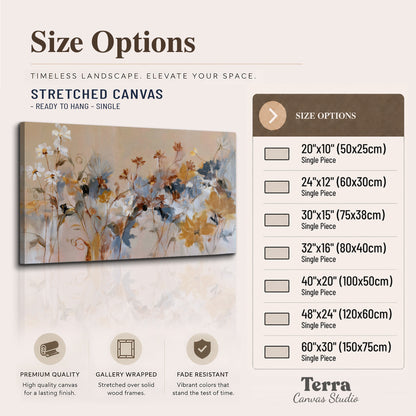 Loose blue and ochre blossoms layered across a warm neutral background single canvas wall art available dimensions