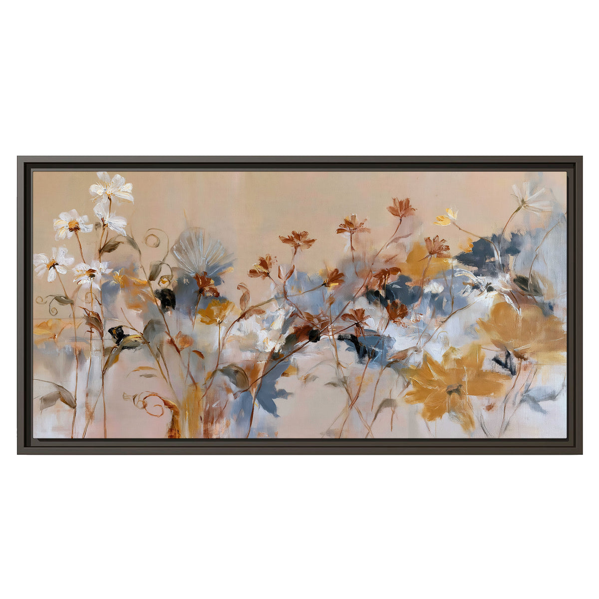 Loose blue and ochre blossoms layered across a warm neutral background single framed canvas wall art viewed straight on
