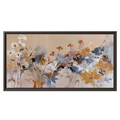 Loose blue and ochre blossoms layered across a warm neutral background single framed canvas wall art viewed straight on